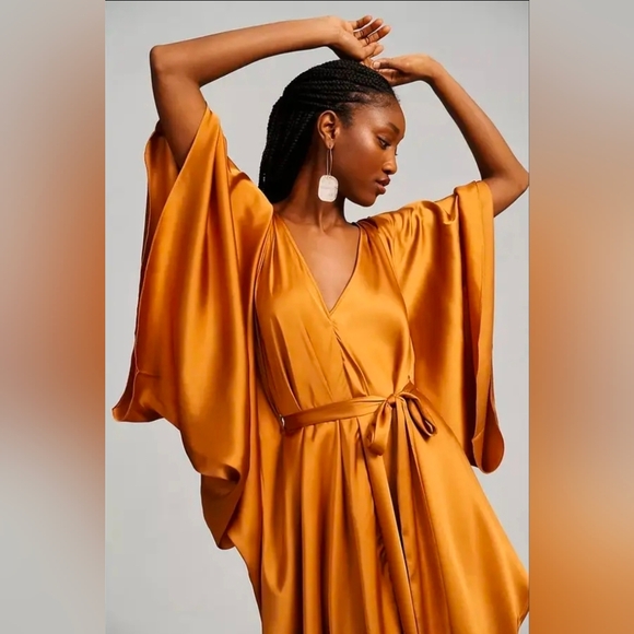 Anthropologie Satin Kaftan Tie Front Maxi Dress OS Adjustabe In Bronze NWT$200 - Picture 4 of 11